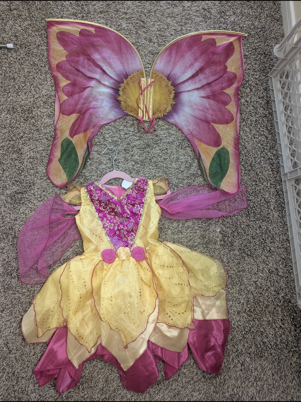 Source Unknown Pink and Yellow Flower Fairy Wings and Dress Costume
